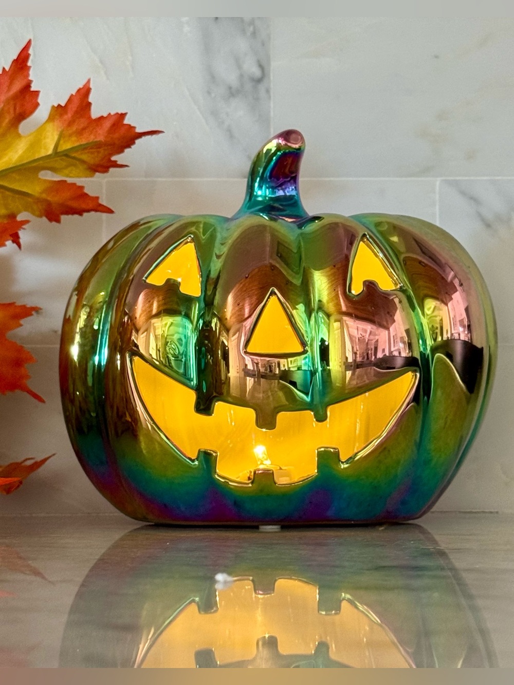 New Halloween Jack-o'-Lantern Light Up Iridescent Ceramic Pumpkin Decor - 7” - Picture 2 of 8